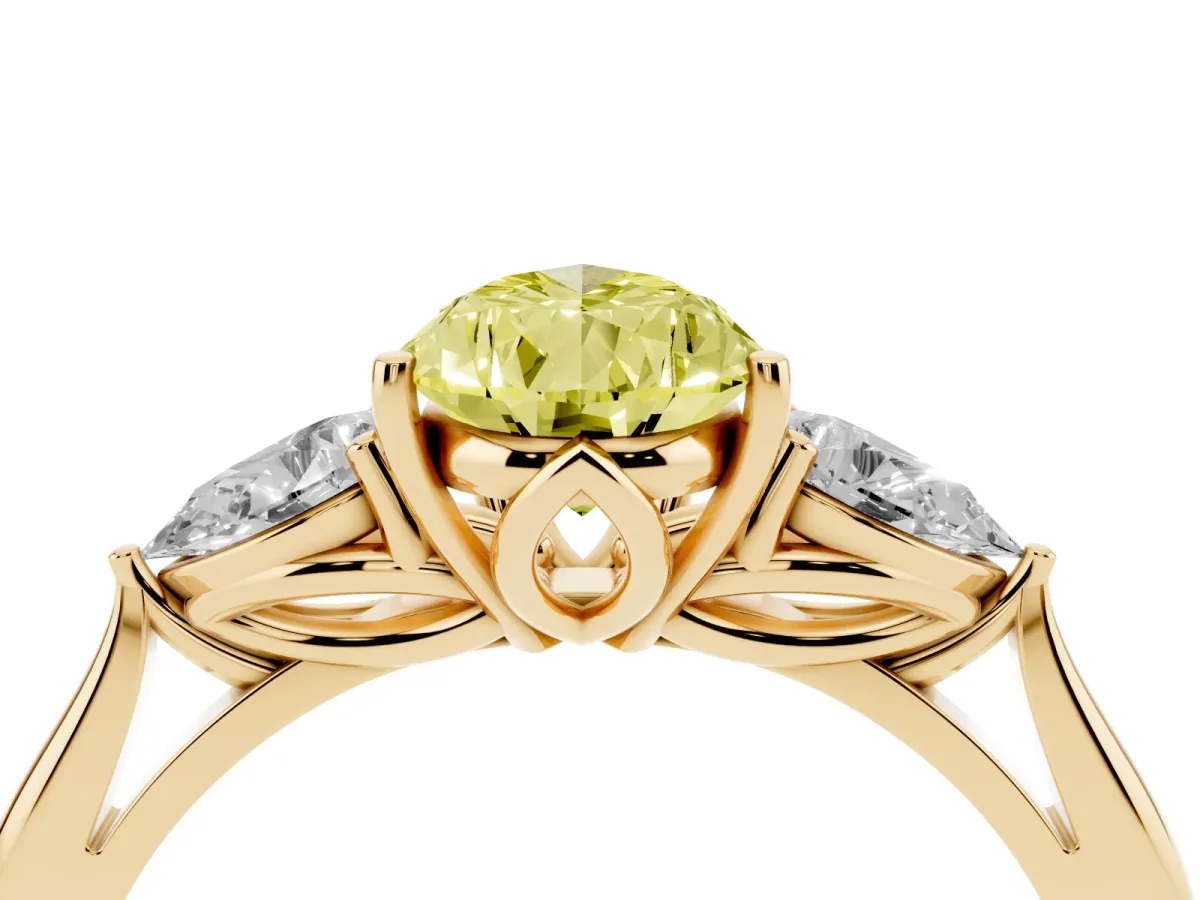Fancy Yellow Three-Stone Pear Cut Diamond Ring with Pear Side Stones in Four-Prong Setting Yellow gold