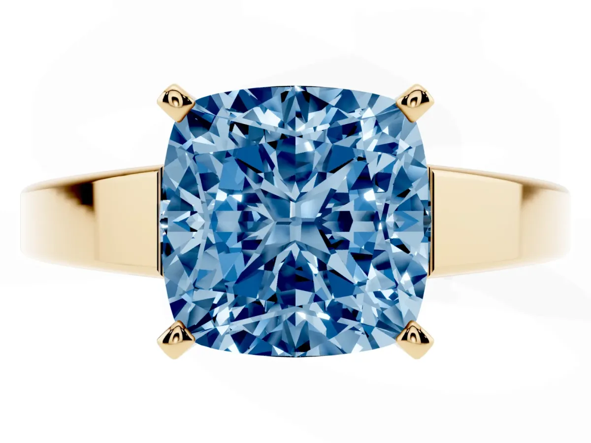 Fancy Blue Cushion Cut Solitaire Engagement Ring with Four-Prong Setting and Tapered Band Yellow gold