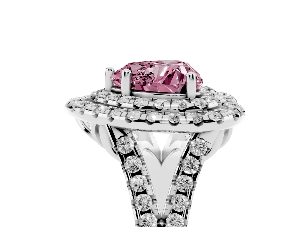 Fancy Pink Double Halo Heart Cut Diamond Pavé Split Shank Ring with Prong Setting Platinum