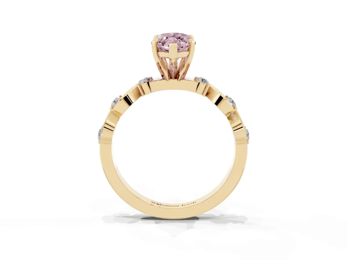 Fancy Pink Marquise Cut Diamond Solitaire Twisted Band with Round Accents and Prong Setting Yellow gold