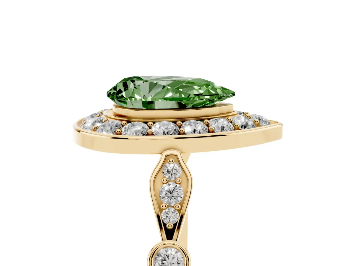 Fancy Green Pear Cut Halo Diamond Engagement Ring with Twisted Band and Four-Prong Setting Yellow gold