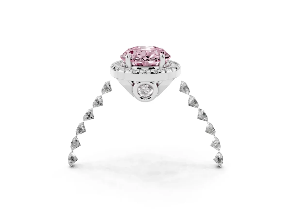 Fancy Pink Oval Cut Halo Pavé Diamond Engagement Ring with Four-Prong Setting Platinum