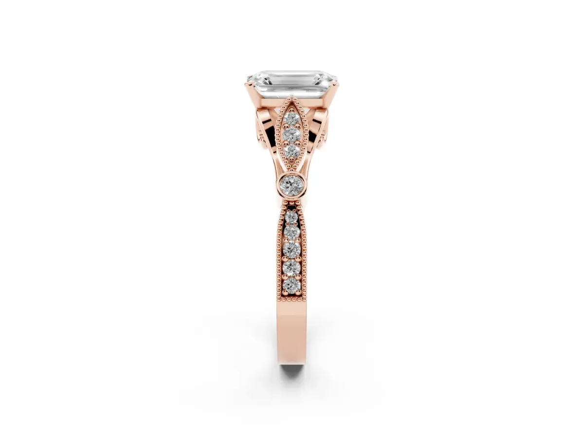 Emerald Cut Cut Diamond with Milgrain Marquise and Bezel Accents on a Solitaire Band with Prong Setting Rose gold
