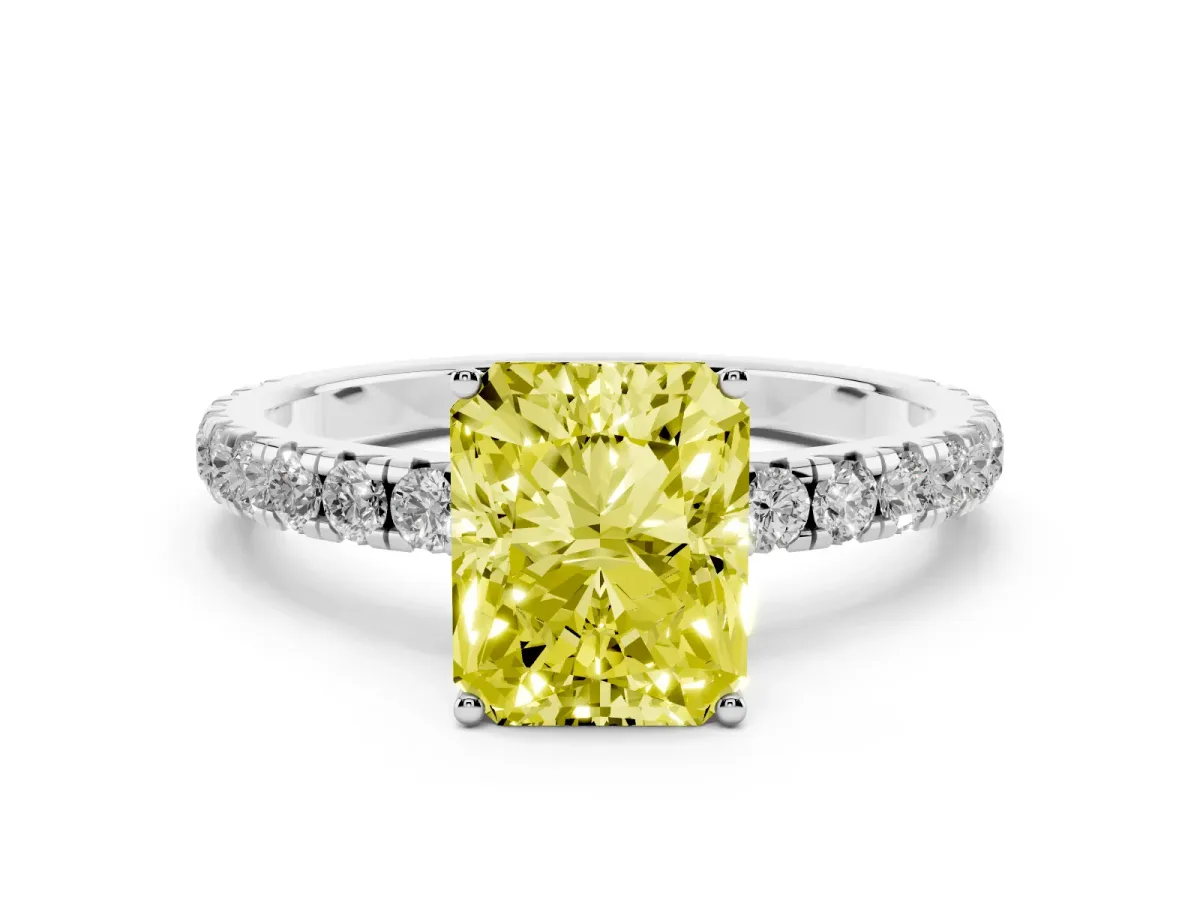 Fancy Yellow Radiant Cut Diamond Pavé Solitaire Engagement Ring with Four-Prong Setting Silver