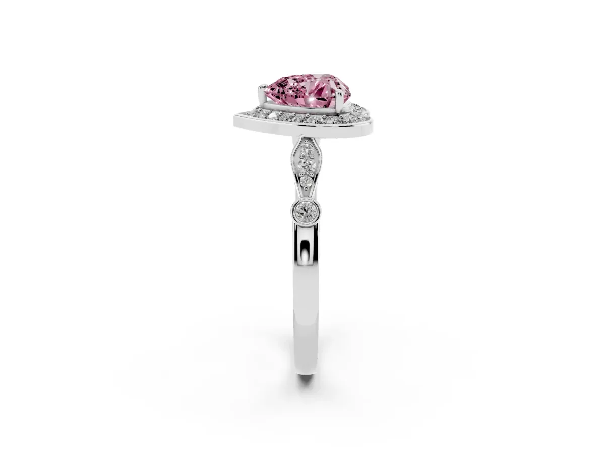 Fancy Pink Heart Cut Halo Diamond Engagement Ring with Twisted Band and Four-Prong Setting White gold