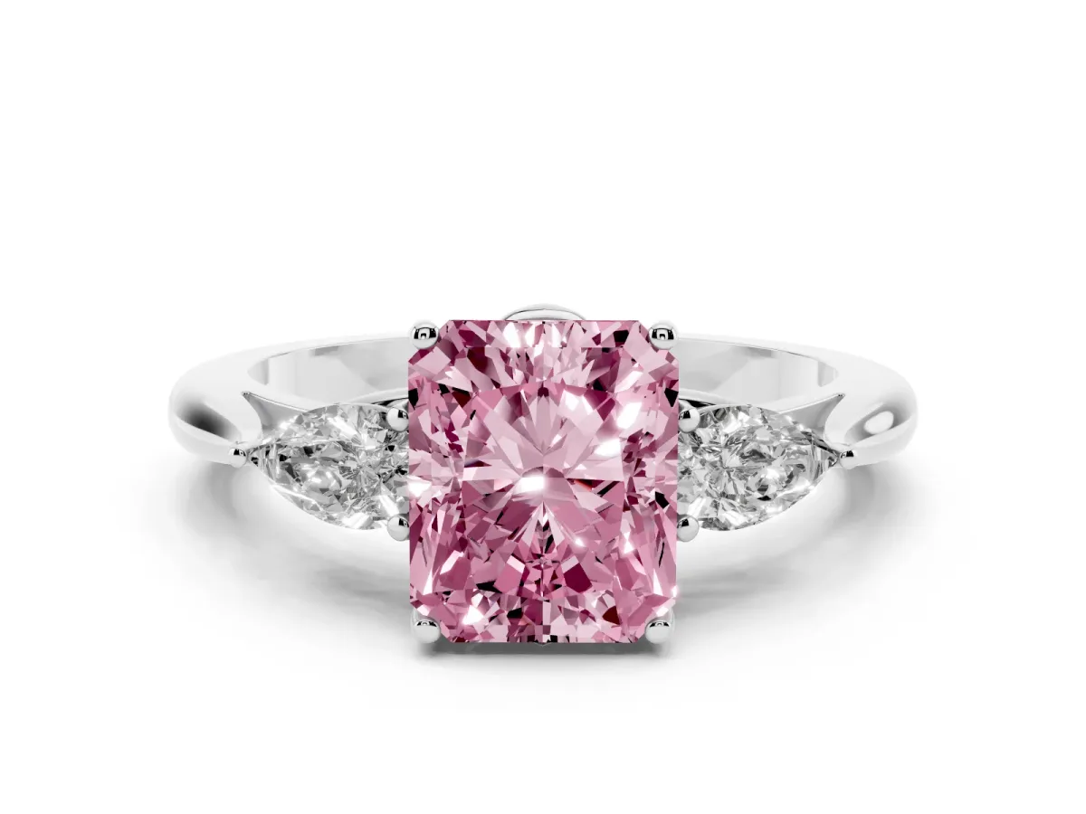 Fancy Pink Three-Stone Radiant Cut Diamond Ring with Pear Side Stones in Four-Prong Setting Silver