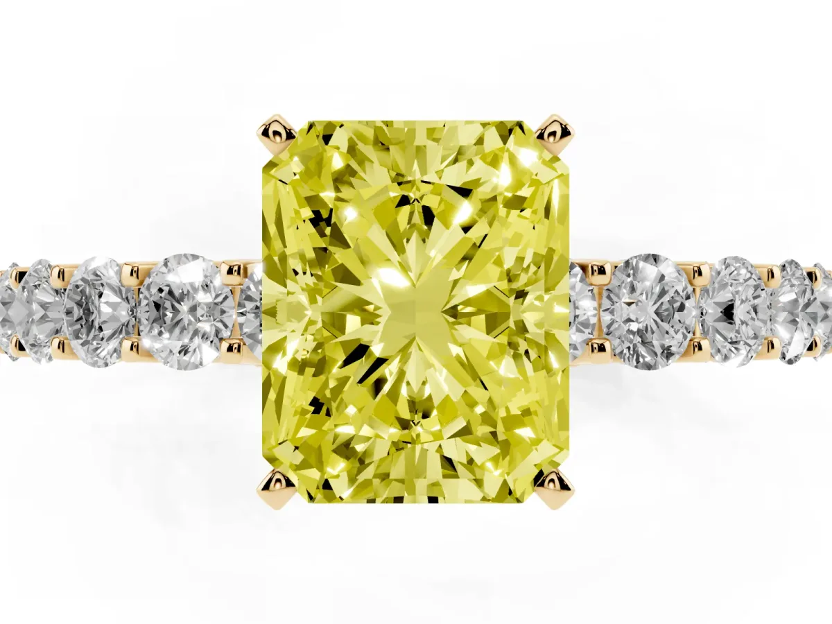 Fancy Yellow Radiant Cut Diamond Solitaire Ring with Shared Prong Pavé Band and Four-Prong Setting Yellow gold