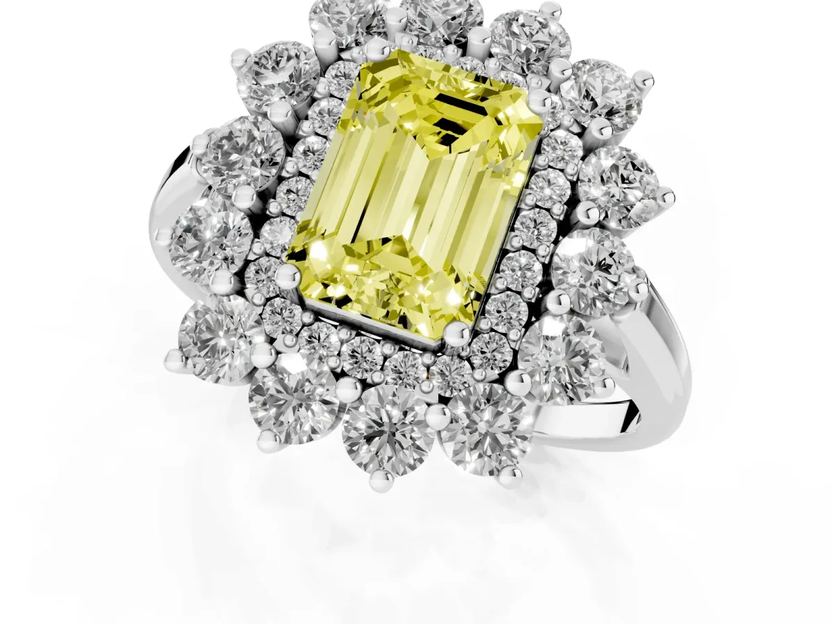 Fancy Yellow Emerald Cut Diamond Floral Double Halo Engagement Ring with Prong Setting Silver