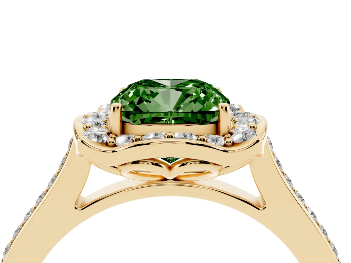 Fancy Green Cushion Cut Halo Round Diamond Pave Band with Four-Prong Setting Yellow gold