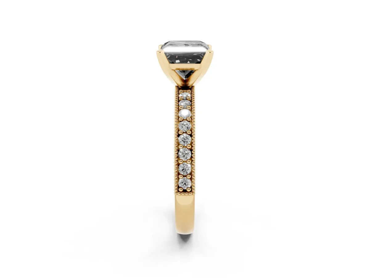 Fancy Black Princess Cut Diamond Milgrain Pavé Engagement Ring with Four-Prong Setting Yellow gold