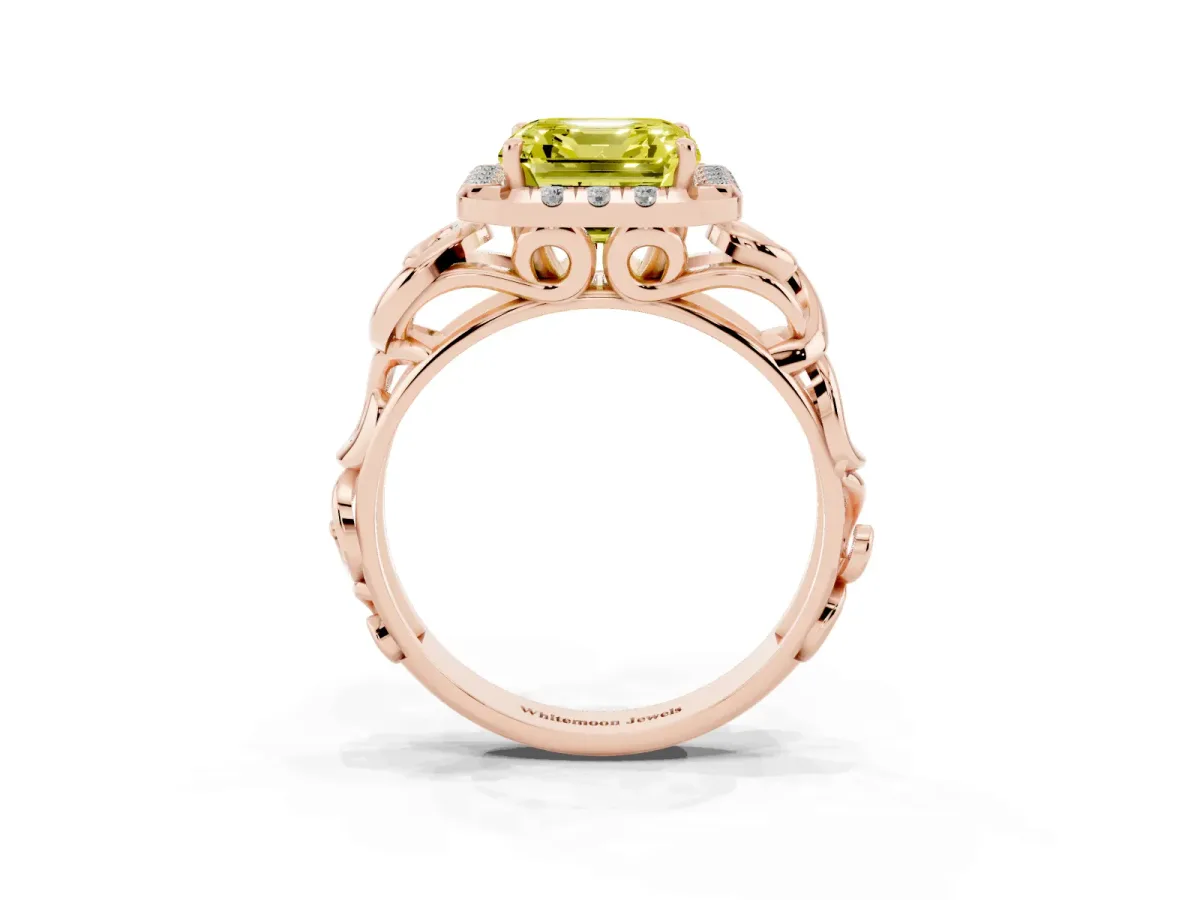 Fancy Yellow Asscher Cut Cut Halo Diamond Ring with Scrollwork Band and Four-Prong Setting Rose gold
