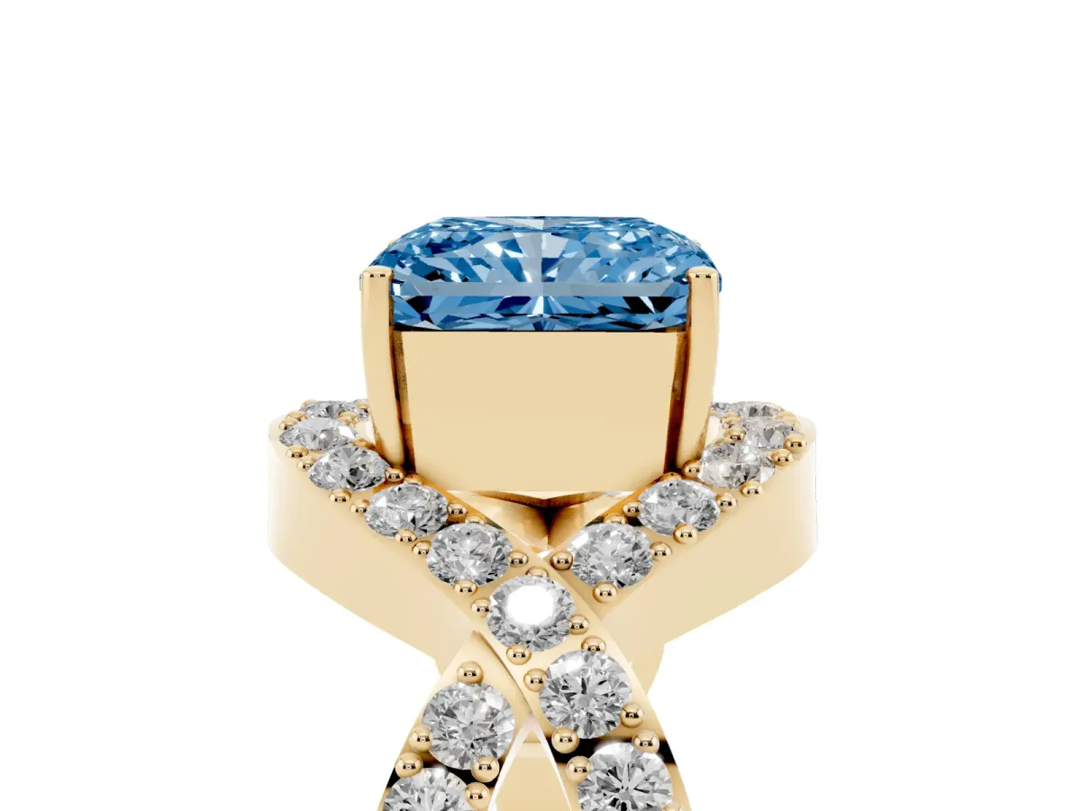 Fancy Blue Radiant Cut Solitaire Twist Band Pavé Diamond Engagement Ring Yellow gold