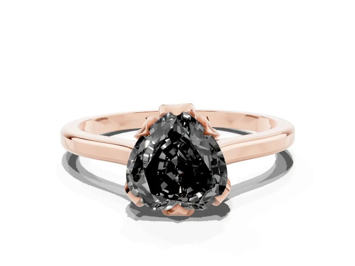 Fancy Black Heart Cut Diamond Solitaire Ring with Flower Prong Setting and Classic Band Rose gold