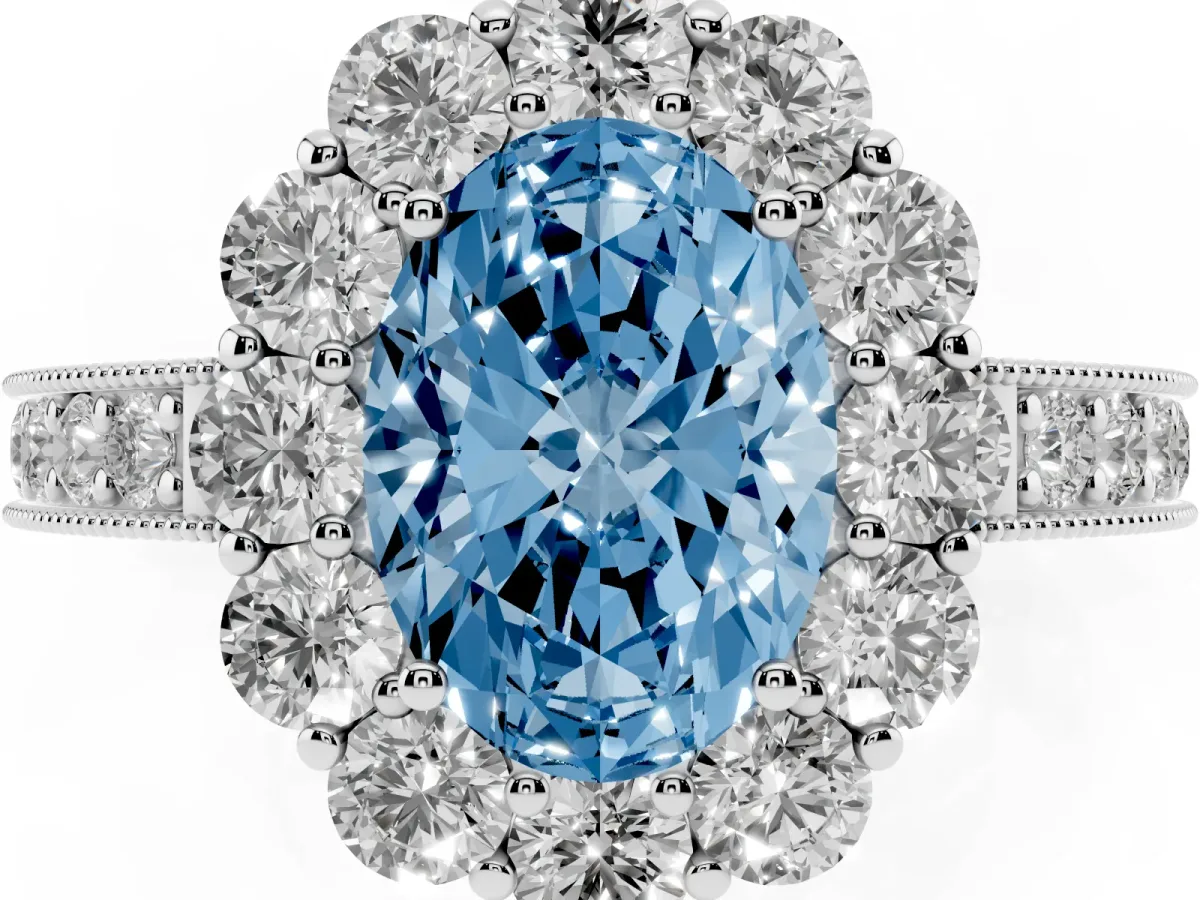 Fancy Blue Oval Cut Cut Halo Diamond Pavé Engagement Ring with Milgrain Detailing Silver