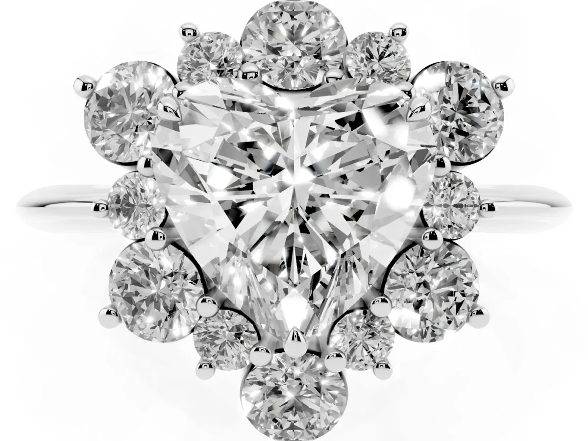 Heart Cut Diamond Cluster Halo Ring with Solitaire Band and Four-Prong Setting Platinum
