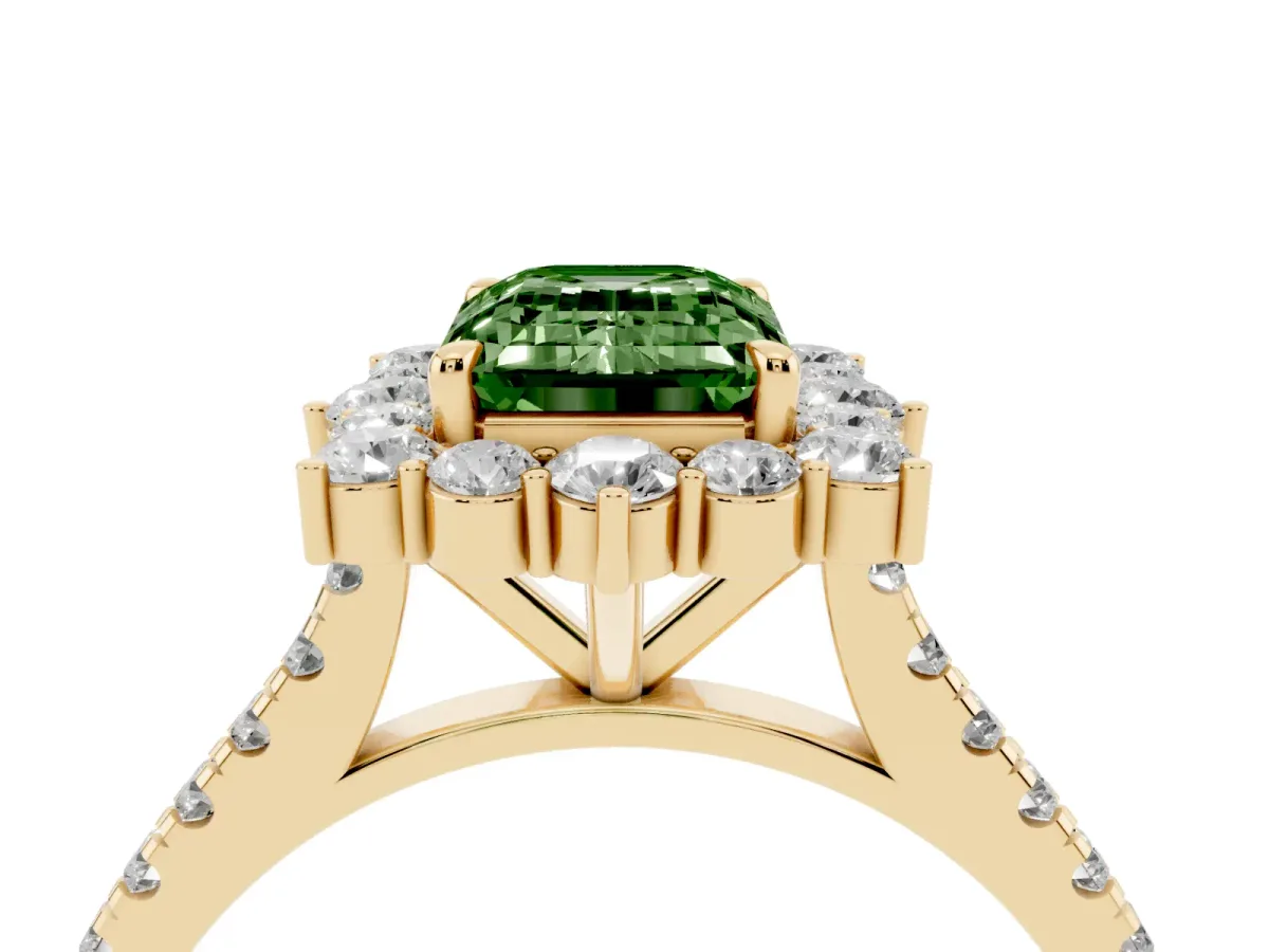 Fancy Green Emerald Cut Halo Diamond Ring with Pavé Band and Prong Setting Yellow gold