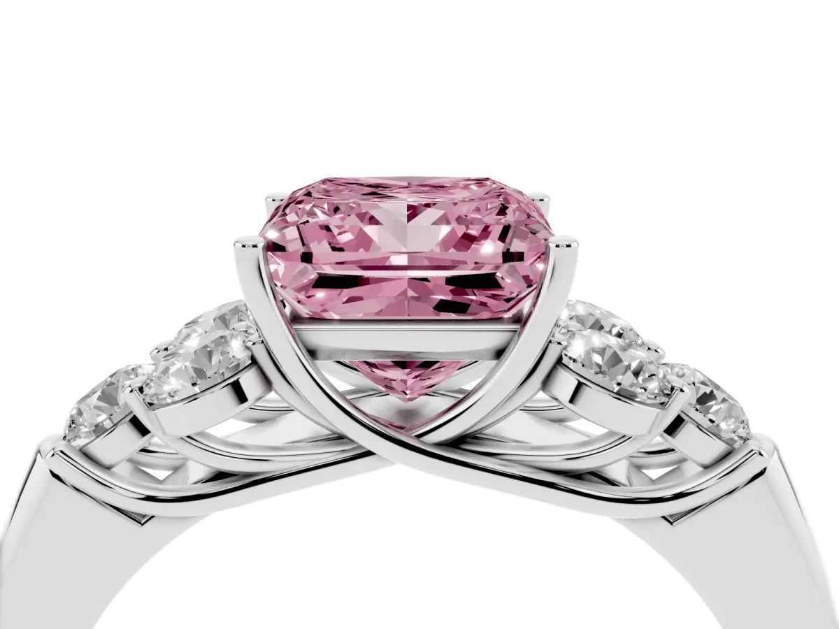 Fancy Pink Princess Cut Cut Diamond Cluster Ring with Round Accent Stones and Prong Setting on a Classic Band Silver