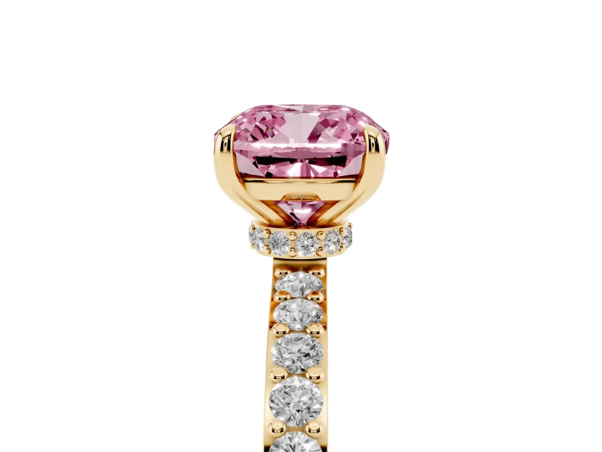 Fancy Pink Cushion Cut Diamond Solitaire Engagement Ring with Pavé Band and Four-Prong Setting Yellow gold
