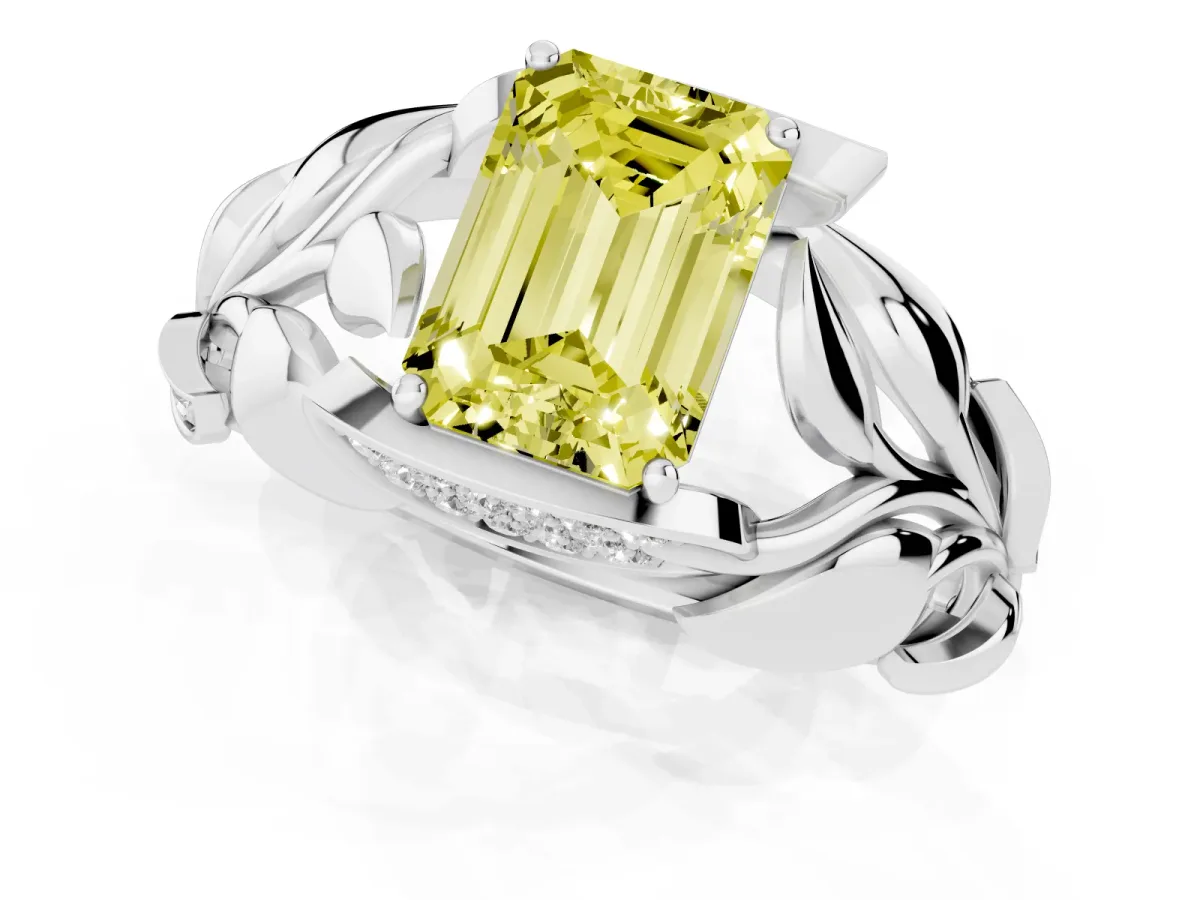 Fancy Yellow Emerald Cut Diamond Leaf-Inspired Engagement Ring with Round Accents and Prong Setting Platinum