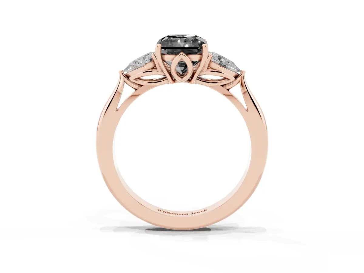 Fancy Black Three-Stone Radiant Cut Brilliant Diamond Solitaire Ring with Tapered Band and Four-Prong Setting Rose gold