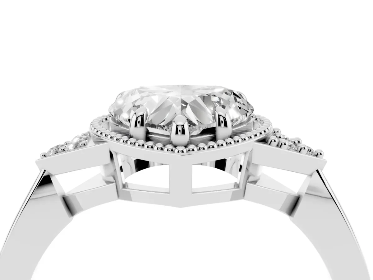 Milgrain Heart Cut Cut Diamond Ring with Tapered Pave Band and Four Prong Setting White gold
