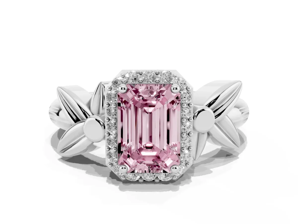 Fancy Pink Emerald Cut Halo Diamond Floral Band with Four-Prong Setting Platinum