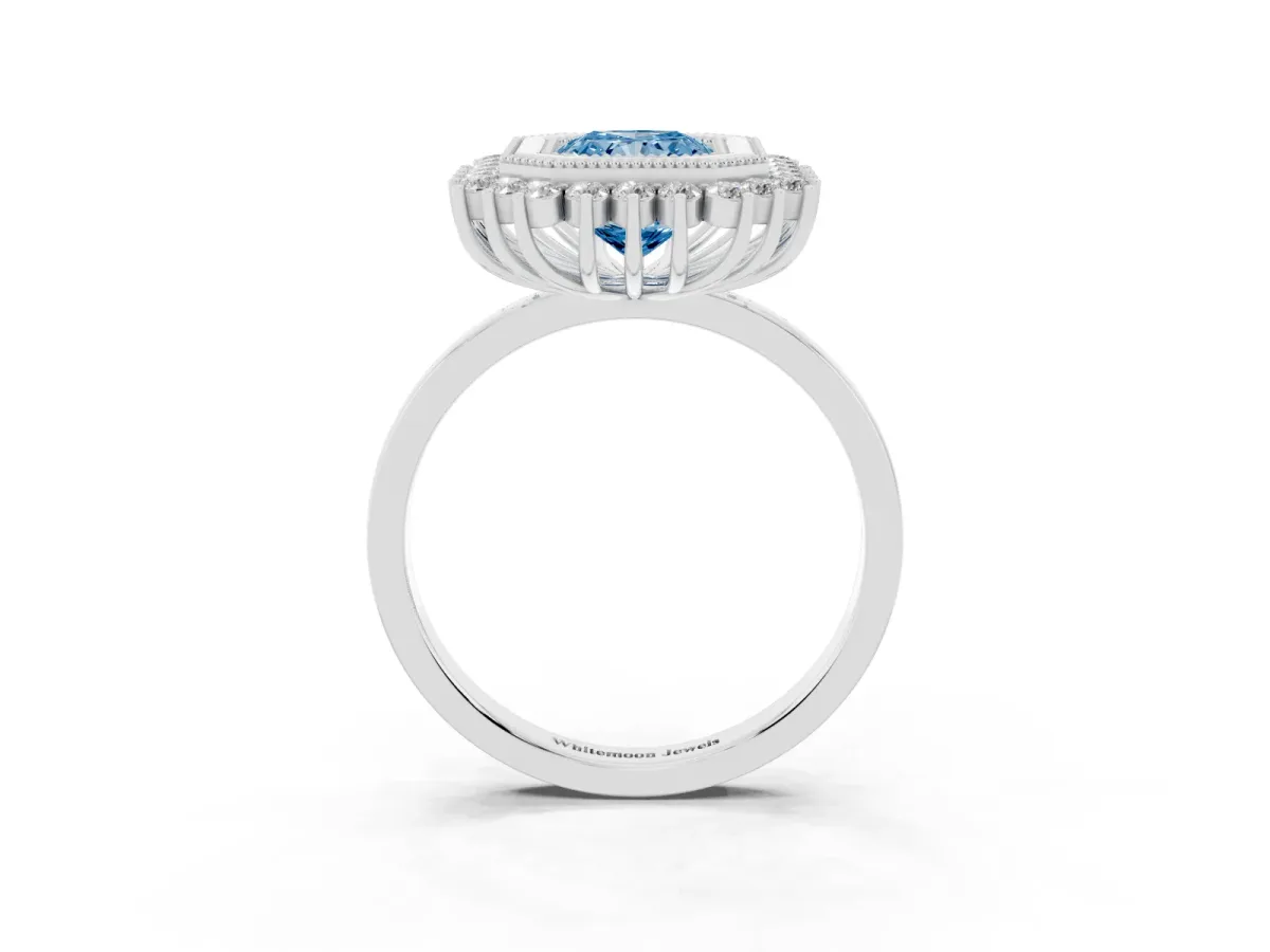 Fancy Blue Radiant Cut Halo Diamond Ring with Milgrain Edge and Round Prong Setting Silver