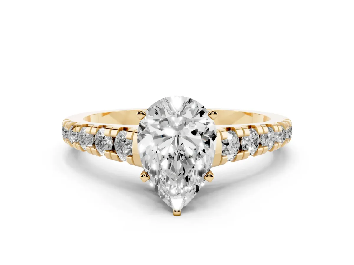 Pear Cut Diamond Cathedral Solitaire Ring with Round Pavé Band Yellow gold