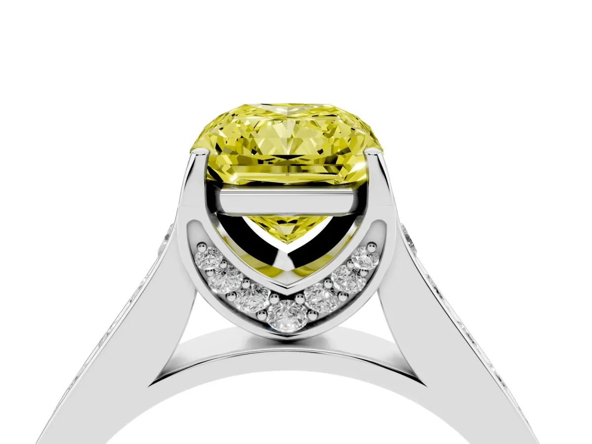 Fancy Yellow Radiant Cut Brilliant Cut Diamond Engagement Ring with Pavé Band and Four-Prong Setting White gold