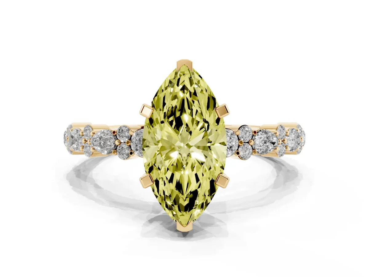 Fancy Yellow Marquise Cut Diamond Side Stone Solitaire Ring with Round and Four-Prong Setting Yellow gold
