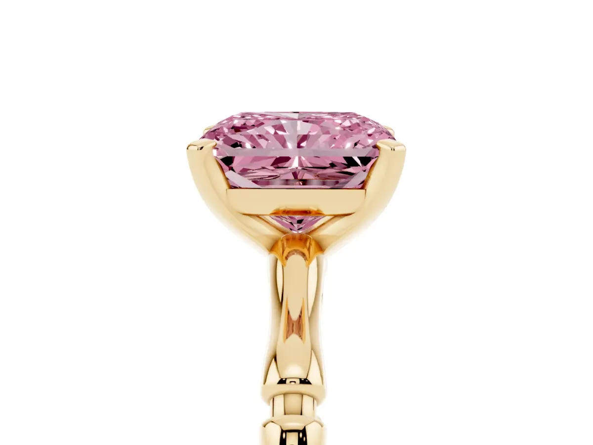 Fancy Pink Radiant Cut Solitaire Diamond Ring with Bamboo Band and Four-Prong Setting Yellow gold