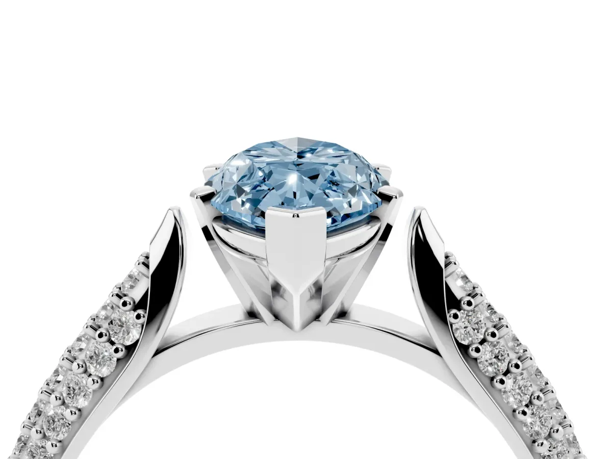 Fancy Blue Marquise Cut Diamond Solitaire Engagement Ring with Multi-Row Round Pavé Band and Prong Setting Silver