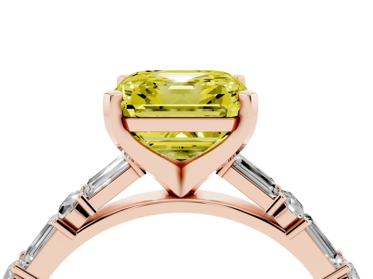 Fancy Yellow Asscher Cut Diamond Solitaire with Side Baguettes and Channel Set Band Rose gold