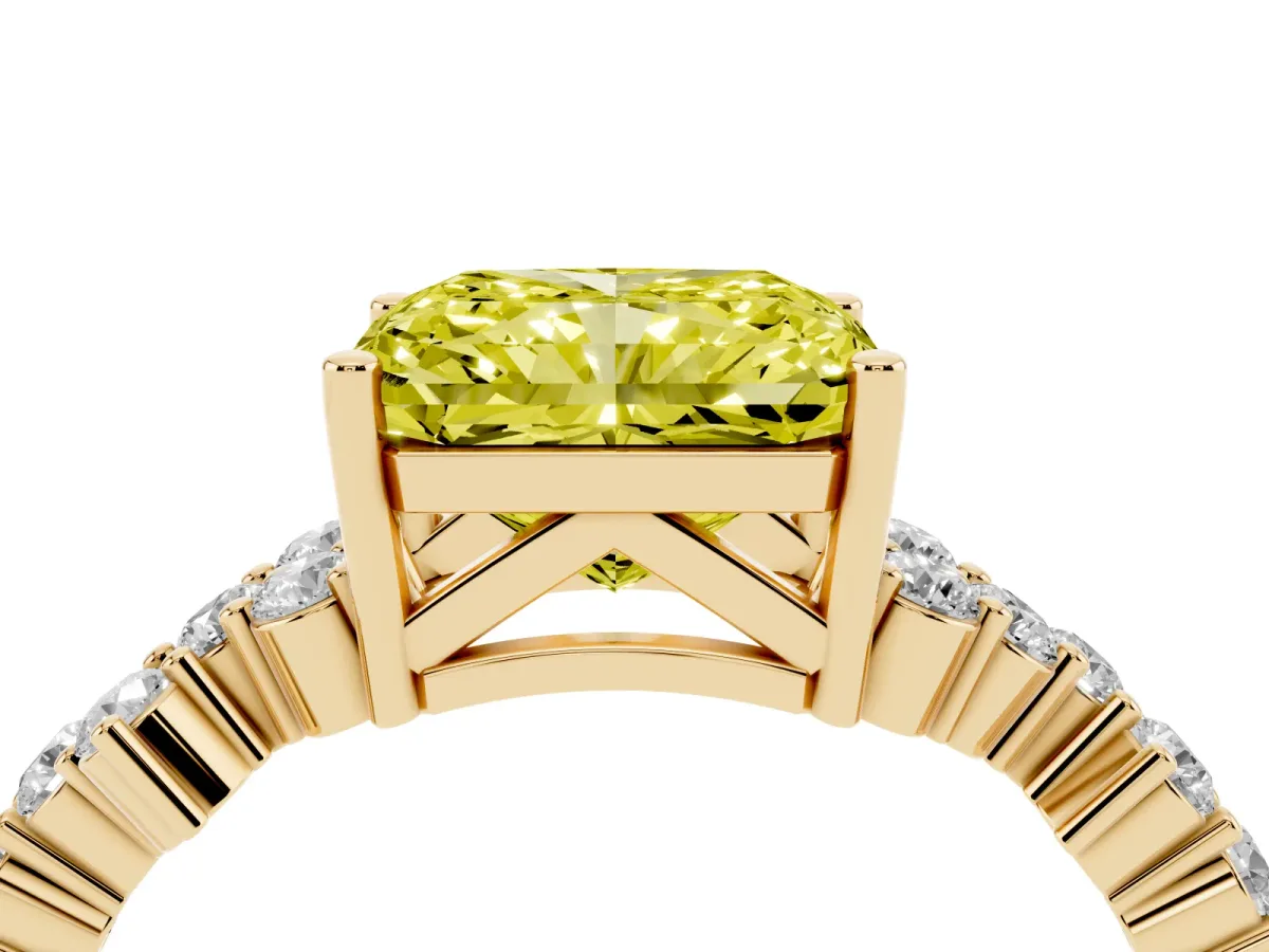 Fancy Yellow Radiant Cut Diamond Scattered Round Accent Ring with Prong Setting Yellow gold