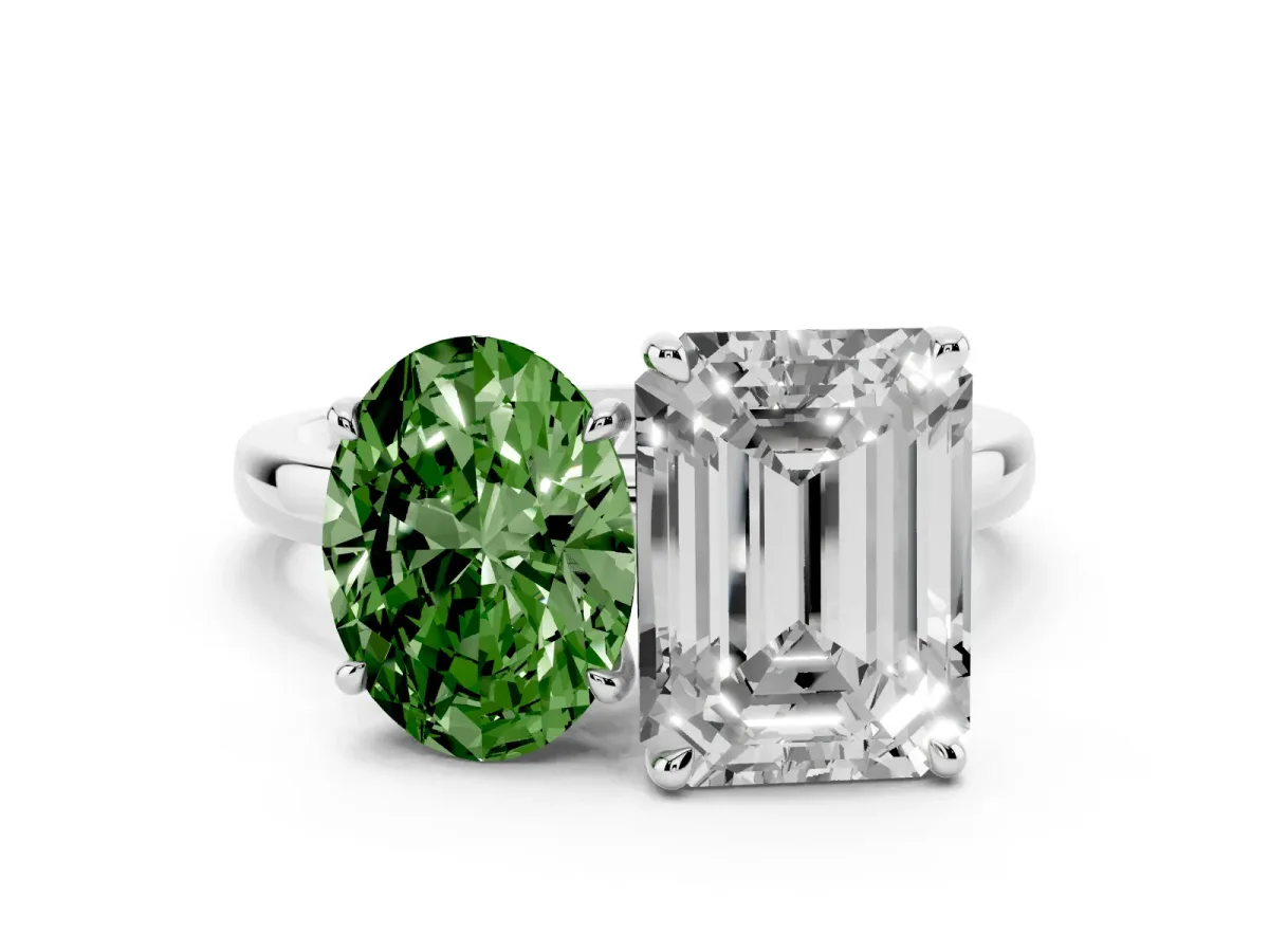 Fancy Green Oval Cut and Emerald Cut Toi Moi Ring with Prong Setting Platinum