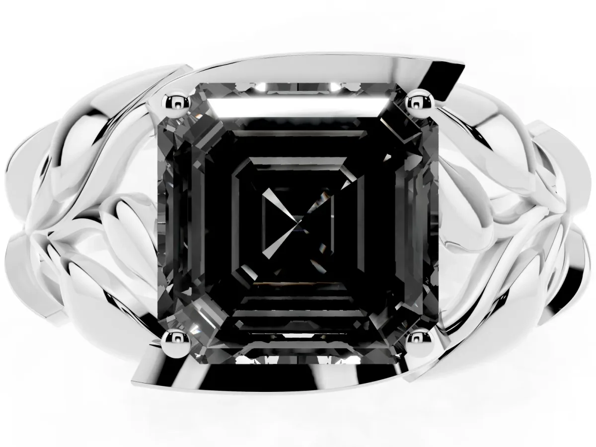 Fancy Black Asscher Cut Diamond Leaf-Inspired Engagement Ring with Round Accents and Prong Setting Silver