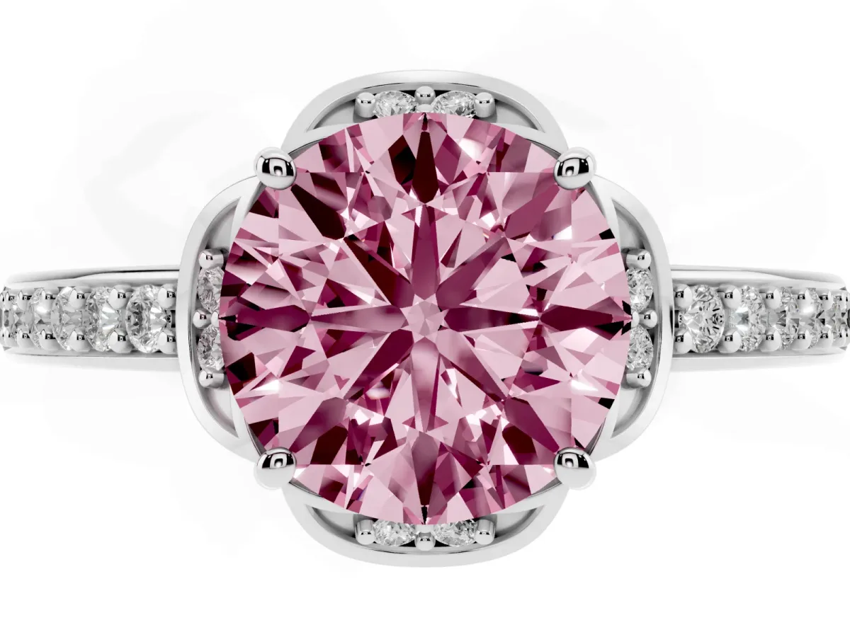 Fancy Pink Round Cut Cut Halo Diamond Ring with Channel Set Band and Four-Prong Setting Silver