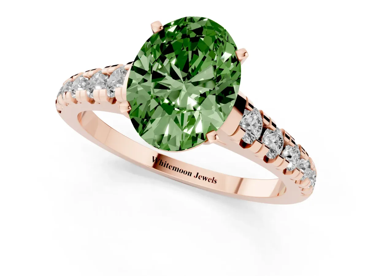 Fancy Green Oval Cut Diamond Cathedral Solitaire Ring with Round Pavé Band Rose gold