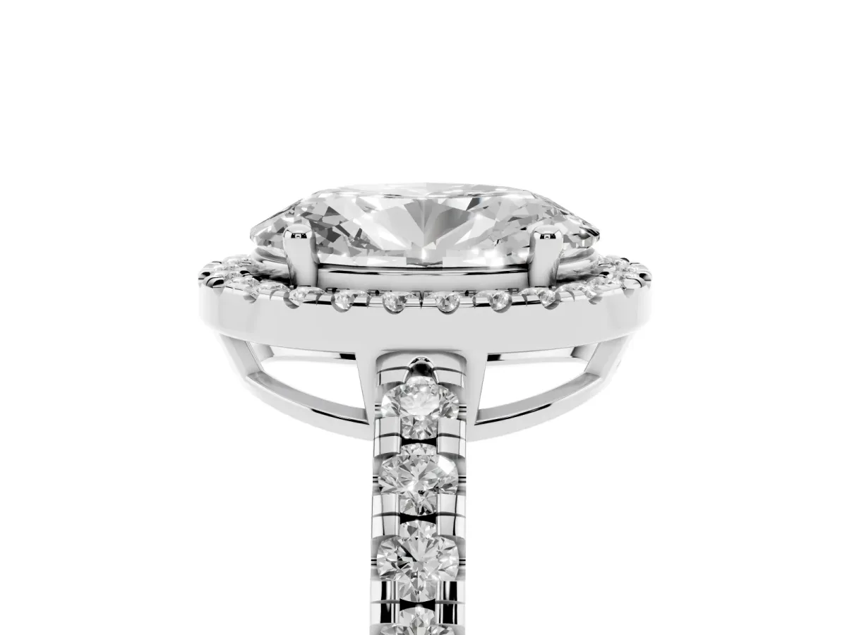 Oval Cut Diamond Halo Ring with Pavé Band and Four-Prong Setting Platinum
