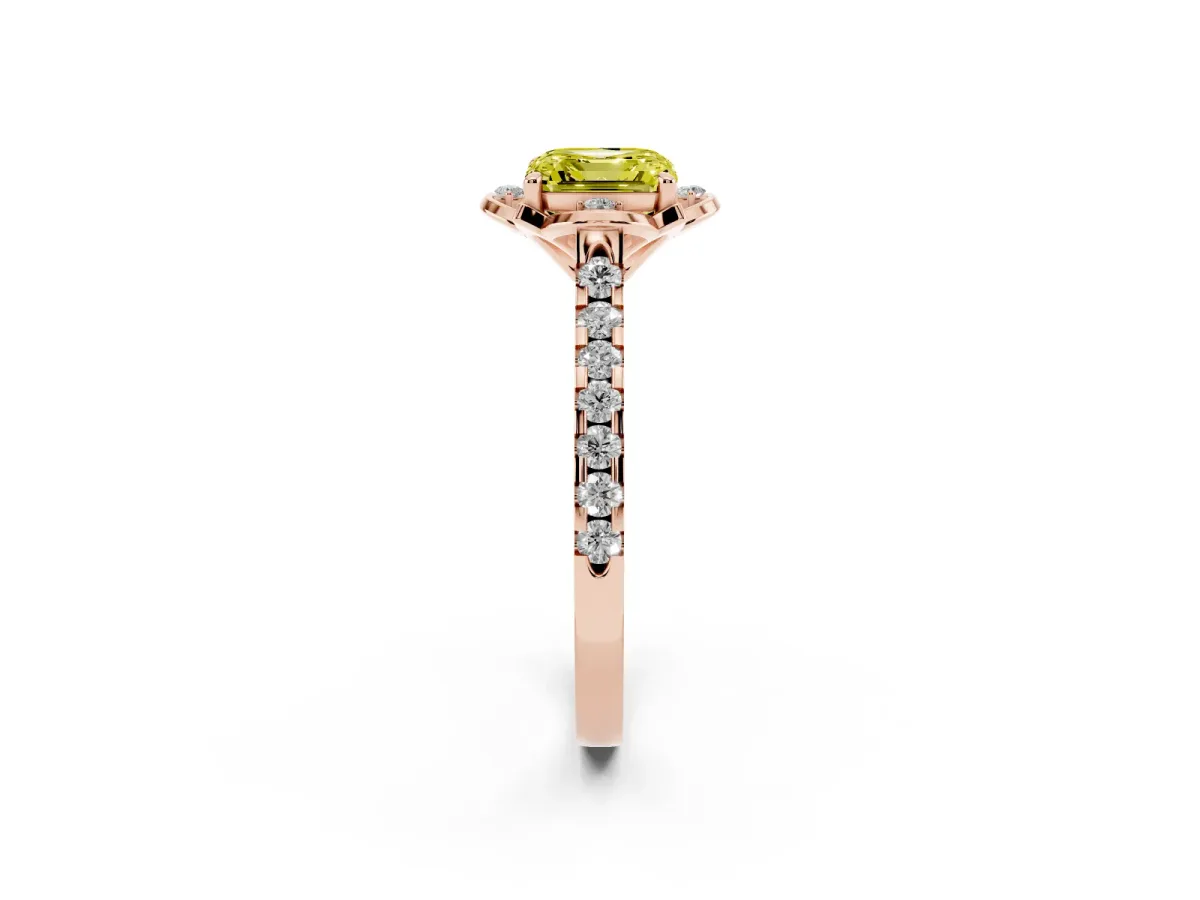 Fancy Yellow Asscher Cut Diamond Ring with Pavé Band and Floral Prong Setting Rose gold