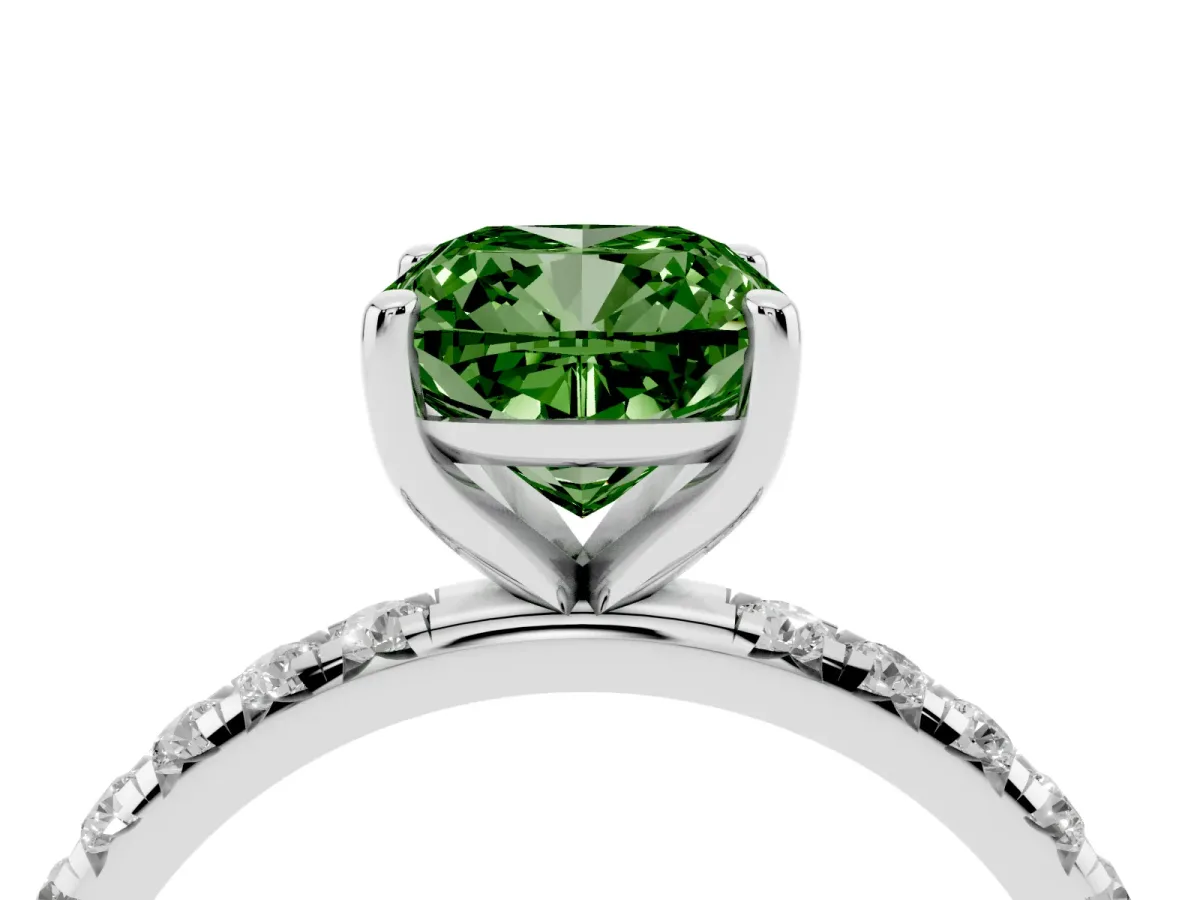 Fancy Green Cushion Cut Cut Diamond Solitaire Ring with Micro Pave Band and Four Prong Setting Silver