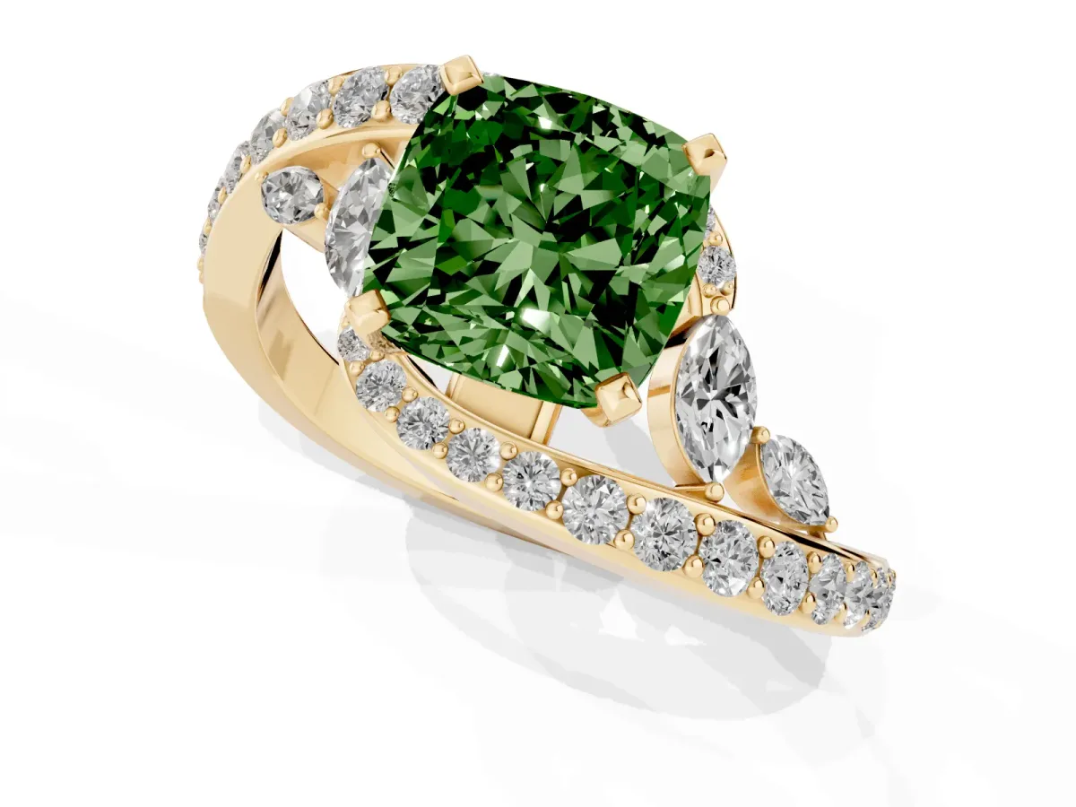 Fancy Green Cushion Cut Diamond Solitaire Ring with Filigree Band and Four-Prong Setting Yellow gold