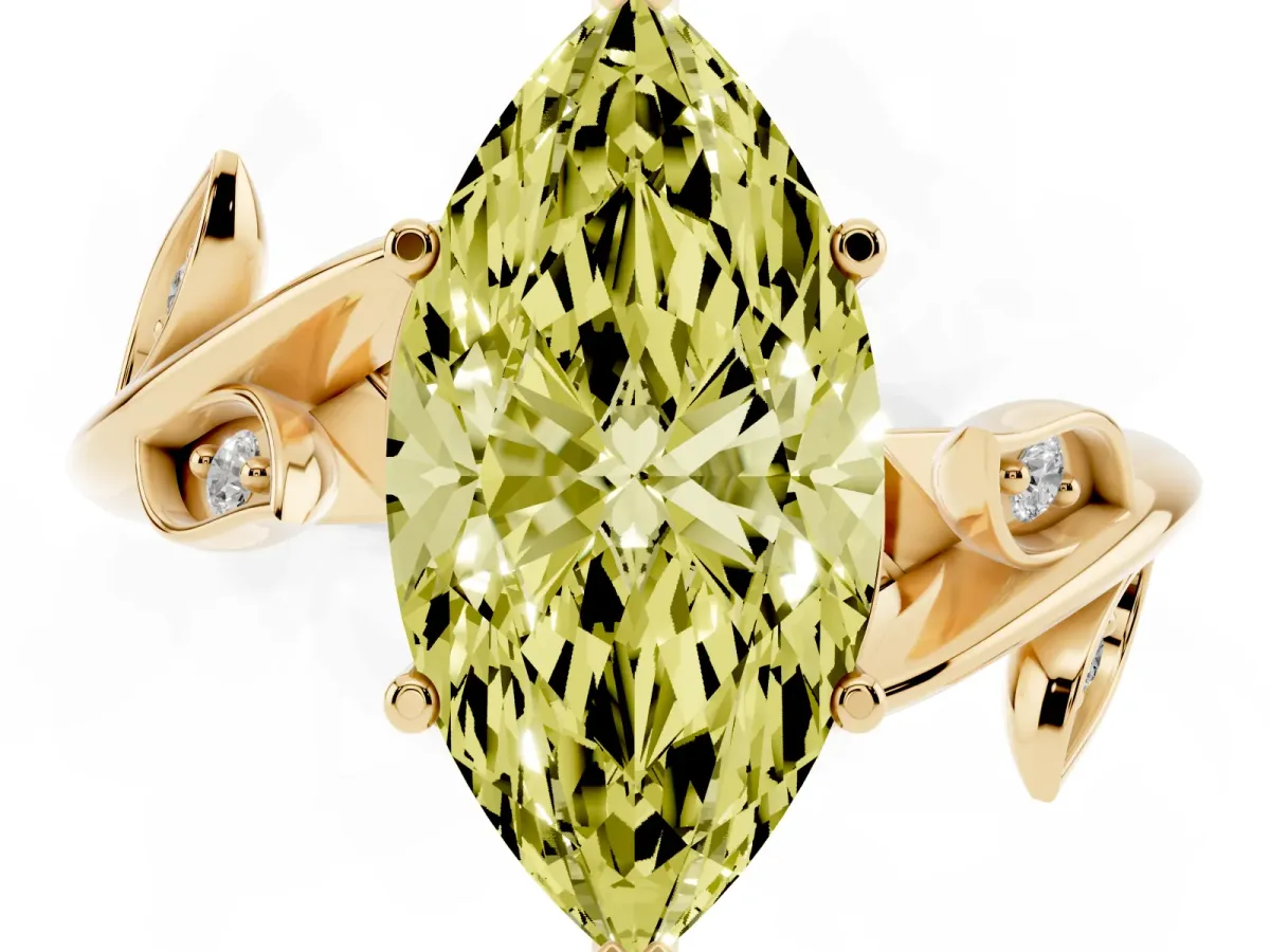 Fancy Yellow Marquise Cut Solitaire Twist Engagement Ring with Leaf Accents and Prong Setting Yellow gold