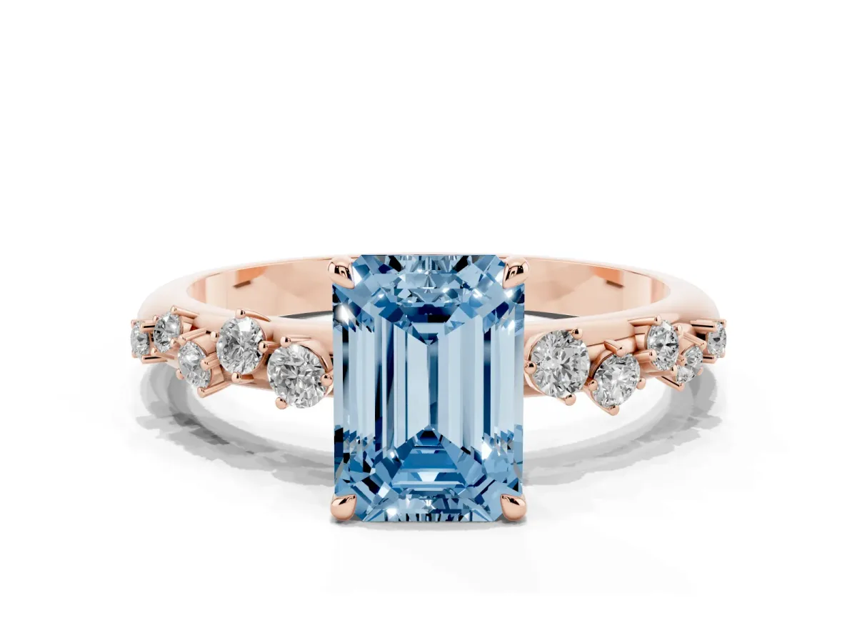 Fancy Blue Emerald Cut Diamond Cluster Prong-Set Solitaire Ring Rose gold