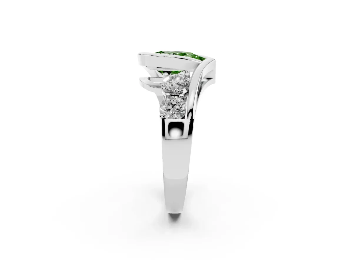 Fancy Green Bezel Set Pear Cut Diamond Bypass Ring with Round Accents Platinum
