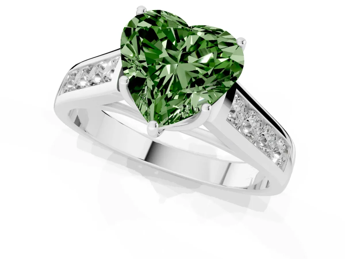 Fancy Green Heart Cut Solitaire Channel-Set Diamond Engagement Ring with Four-Prong Setting Silver