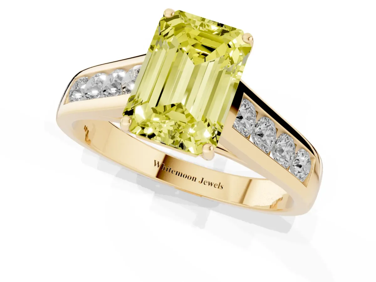 Fancy Yellow Emerald Cut Solitaire Channel-Set Diamond Engagement Ring with Four-Prong Setting Yellow gold