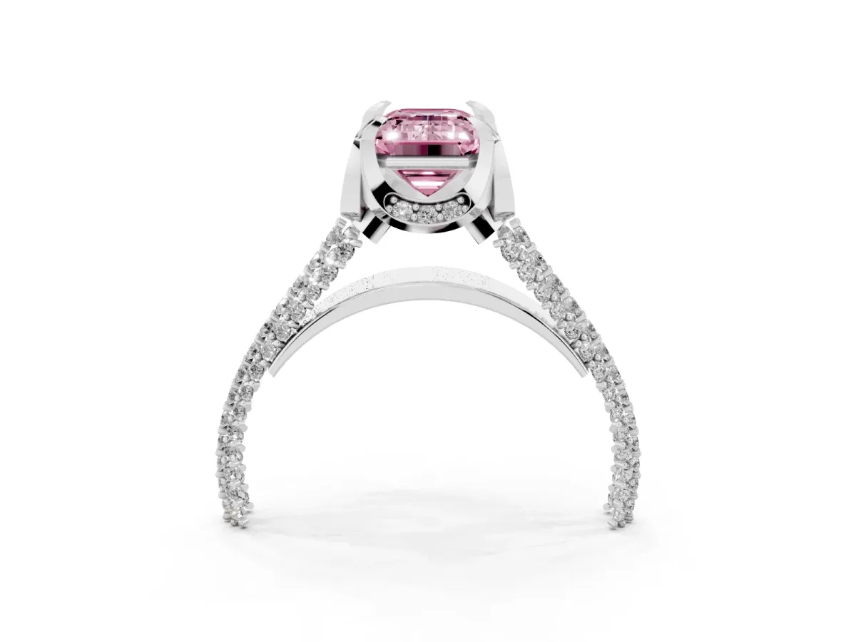 Fancy Pink Emerald Cut Solitaire Pave Split Shank Ring with Four-Prong Setting Silver
