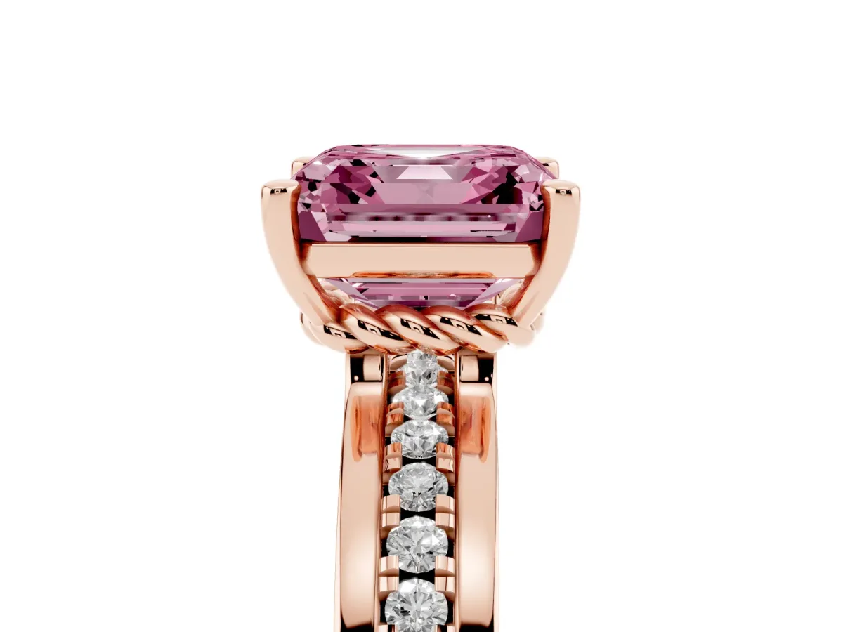 Fancy Pink Asscher Cut Solitaire Diamond Ring with Channel Set Band and Six-Prong Setting Rose gold