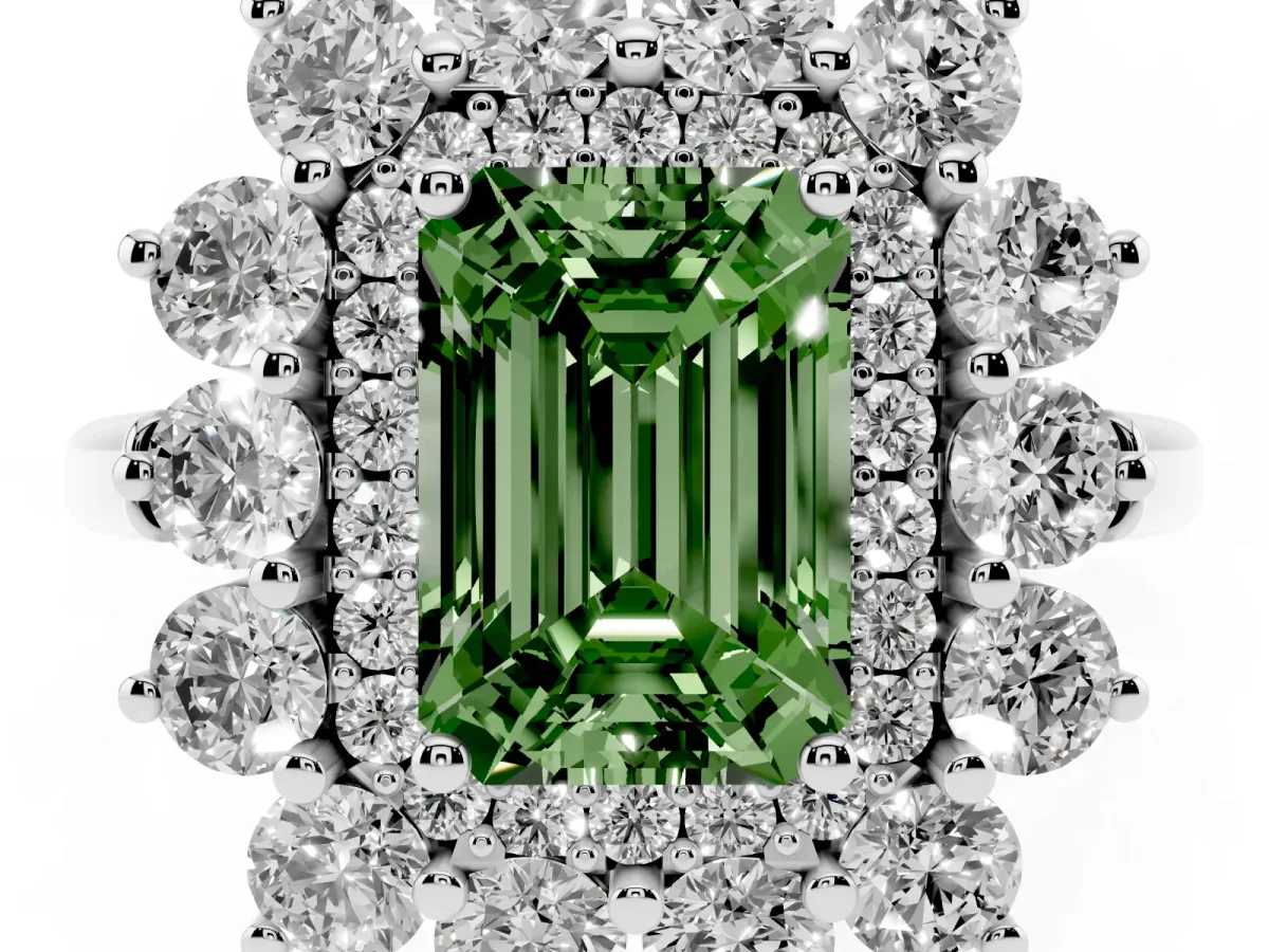 Fancy Green Emerald Cut Diamond Floral Double Halo Engagement Ring with Prong Setting Platinum